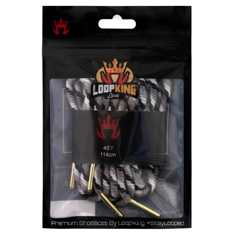 Rope Grey Black White Shoe Laces with Gold Tips From Loop King